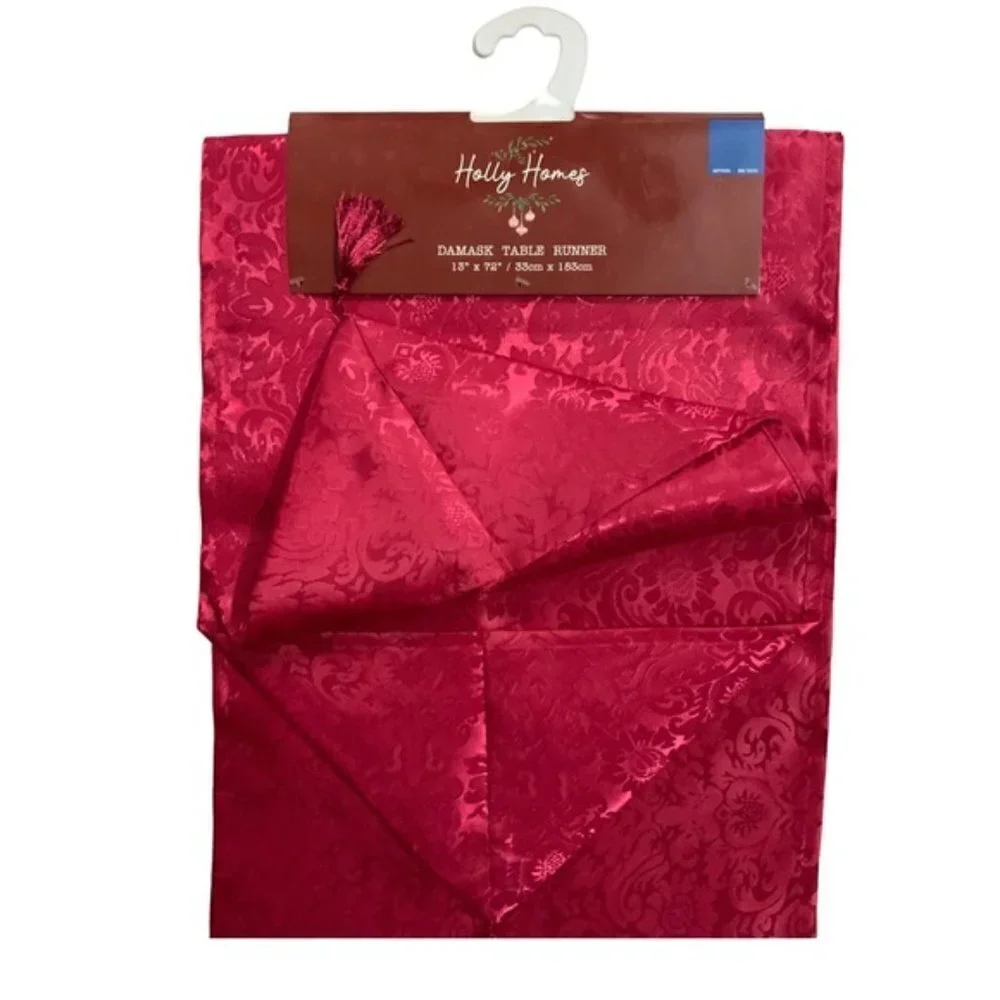 Christmas Silky Damask Table Runner Holly Homes Holiday Red Tassels 13” x 72 in